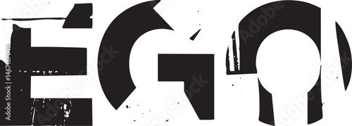 Bold stylized letters form the word ‘EGO’ in a stark black and white composition.