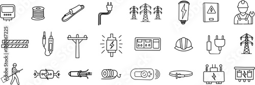 Electric Line Icons Set – Power Transmission, Energy Equipment, Cable and Utility Tools Vector Pack