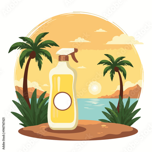 Insect repellent spray on a tropical beach scene, with copy space