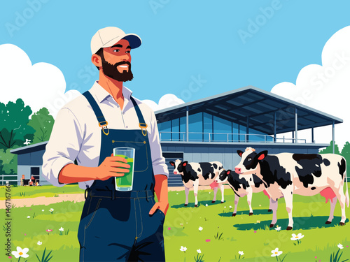 farmer standing confidently in front of his modern farm with his cows