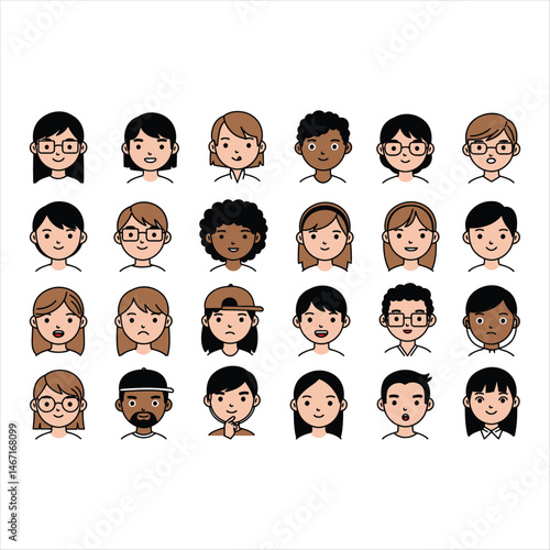 Cartoon avatar collection featuring expressive male and female faces. Colorful flat illustrations suitable for games, blogs, and creative projects.
