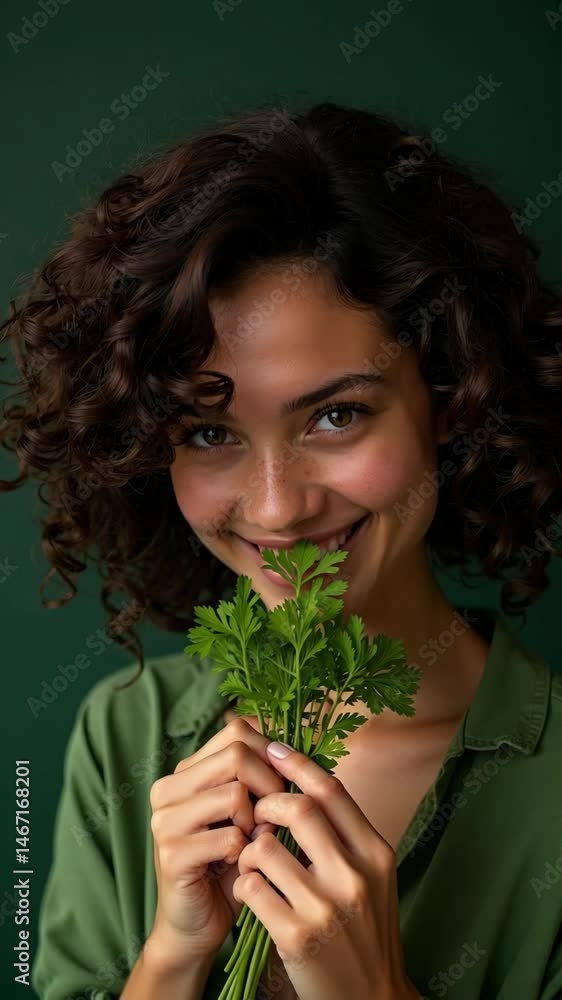 Smiling young woman holds fresh parsley close to her face. Curly hair. Green shirt. Dark green background. Natural light and healthy eating. Vertical video Smiling young woman holds fresh parsley close to her face. Curly hair. Green shirt. Dark green background. Natural light and healthy eating. Vertical video