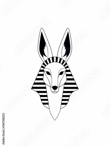 nubis, body in , head turned toward viewer making direct eye contact, naturalistic realistic jackal head, pharaoh headdress