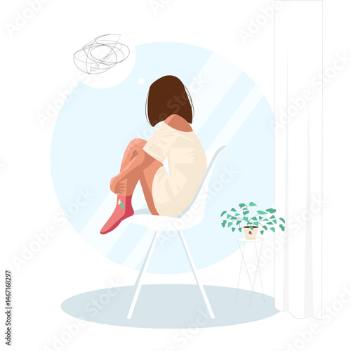 Vector colourful illustration of depressive girl sitting in the room with mess in her mind isolated on white background. Woman needs psychological support.