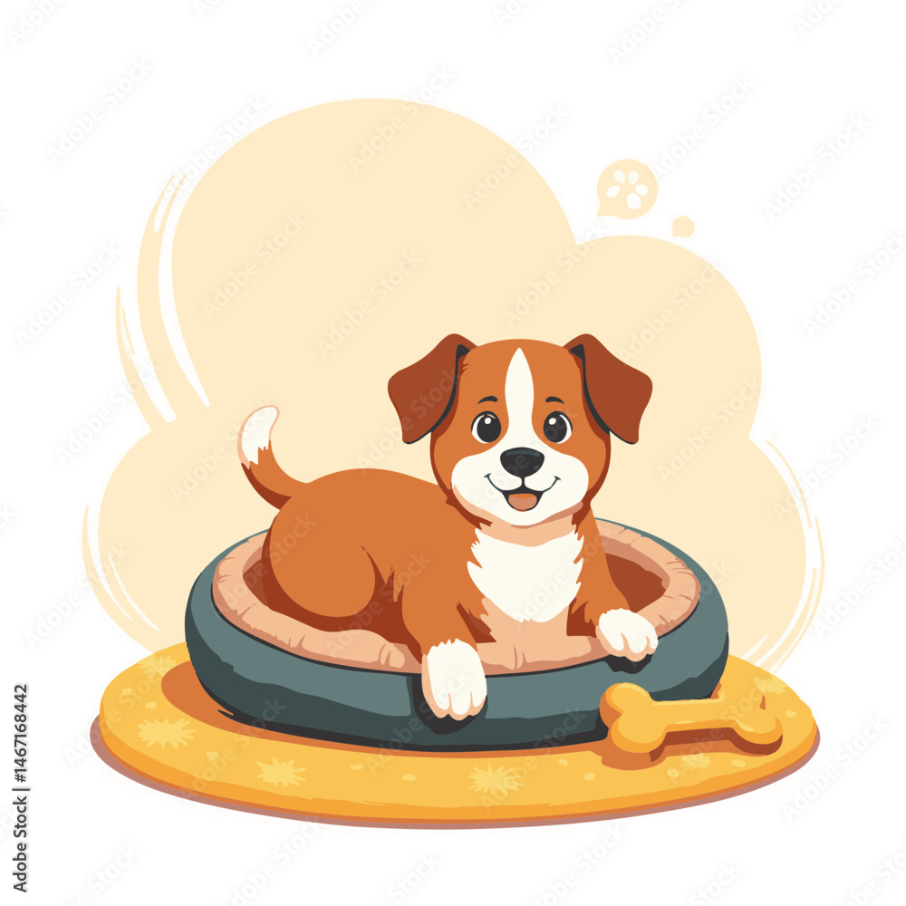 Fototapeta premium Cartoon dog resting in pet bed, with copy space