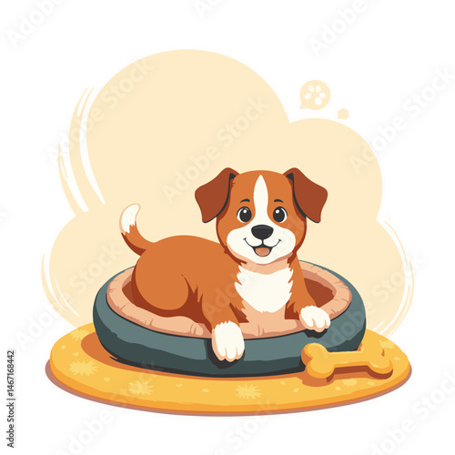 Cartoon dog resting in pet bed, with copy space