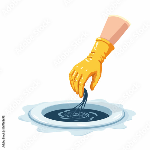 Hand with glove removes hair from bathroom drain, cleaning concept