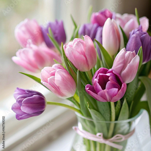a vase filled with purple and pink tulips