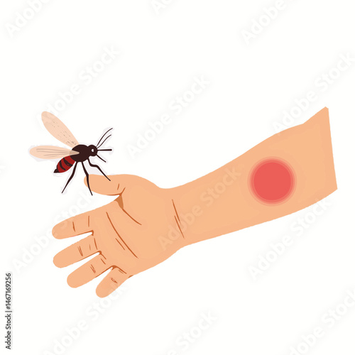 Cartoon mosquito biting arm leaving red bump, the concept of infectious disease