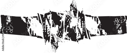 A fragmented textured black shape dominates a white background.