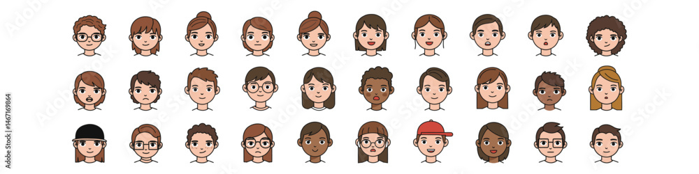 Set of male and female avatar icons. Vector flat illustrations of diverse user profile pictures. Perfect for websites, mobile apps, social media, and presentations. Set of male and female avatar icons. Vector flat illustrations of diverse user profile pictures. Perfect for websites, mobile apps, social media, and presentations.