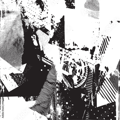 Abstract geometric shapes overlap and interact in a textured monochrome composition.