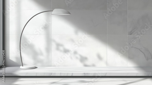 Minimalist interior scene with a floor lamp casting shadows on a white marble surface.
