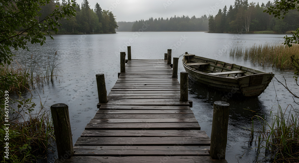 Naklejka premium Moody Lake Scene Featuring Wooden Dock And Lone Rowboat Amidst Falling Rain
