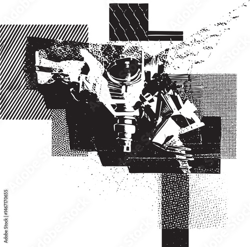 A black and white depicts a mechanical cross constructed from fragmented geometric shapes.