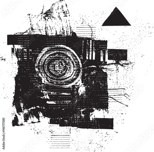 A grayscale abstract composition featuring a camera lens and geometric shapes.