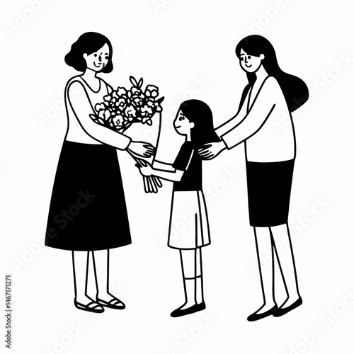 Portrait of three generations of women, mom, grandma and granddaughter celebrating event. Girl with mother congratulating grandmother on birthday, March 8 or Mother's Day handing gifts and flowers