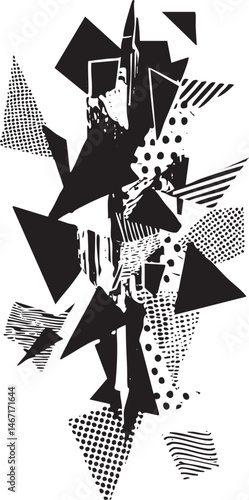 Geometric shapes overlap and intersect on a black and white background.