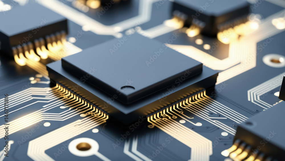Closeup of electronic microchip on luminous circuit board with detailed connections, showcasing intricate pathways and glowing elements Closeup of electronic microchip on luminous circuit board with detailed connections, showcasing intricate pathways and glowing elements