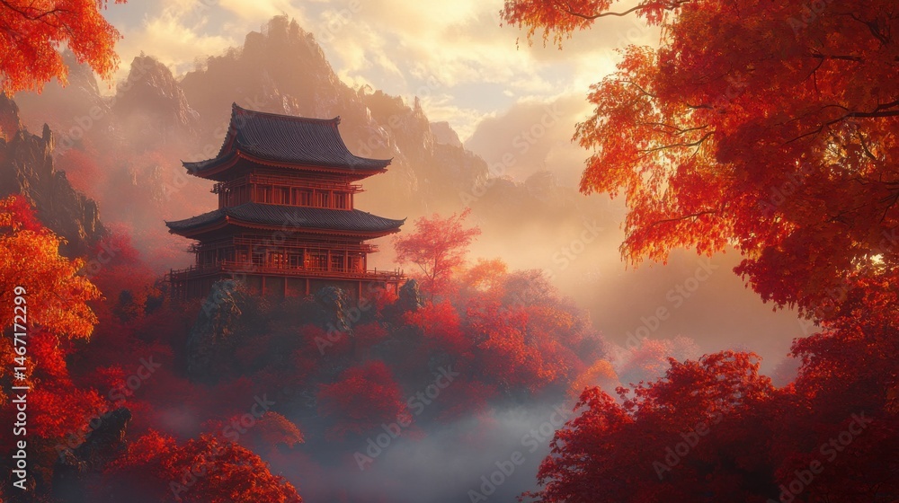 Obraz premium Zen Temple Surrounded by Vibrant Autumn Leaves