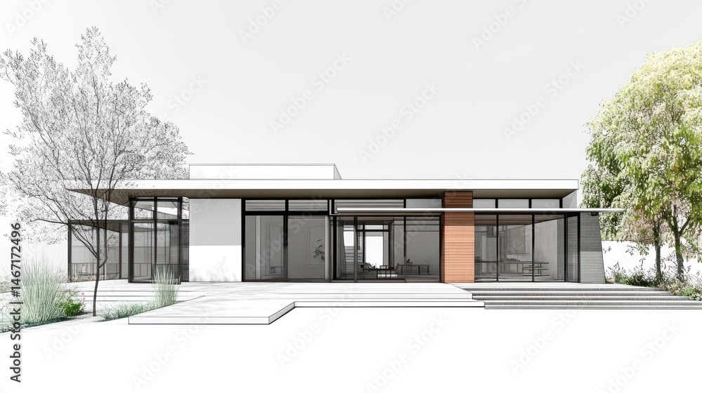 Modern house architectural sketch with large windows and outdoor patio. Modern house architectural sketch with large windows and outdoor patio.