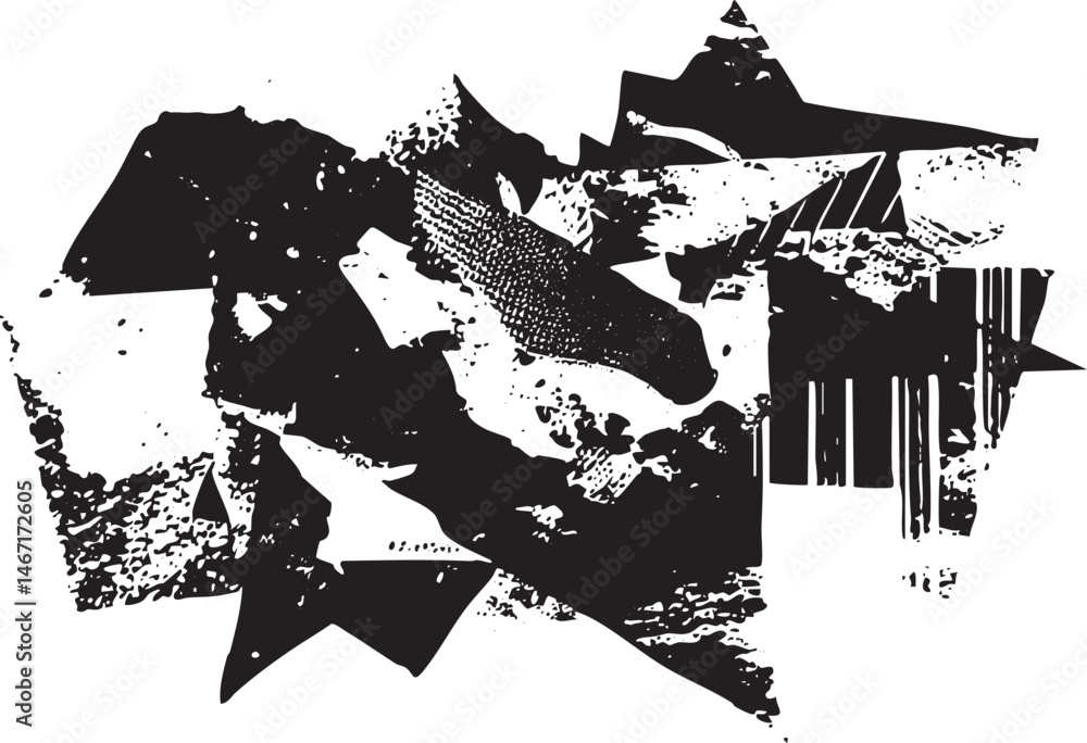 Obraz premium Fragmented black shapes overlap on a white background.