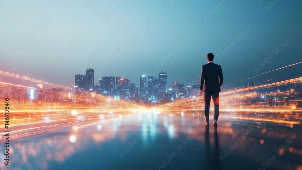 Businessman Embraces Ambition and Progress in Futuristic City Skyline Illuminated by Vibrant Lights and Dynamic Trails Businessman Embraces Ambition and Progress in Futuristic City Skyline Illuminated by Vibrant Lights and Dynamic Trails