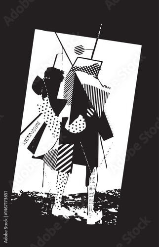 A stylized monochrome figure stands in a dynamic pose against an abstract background.