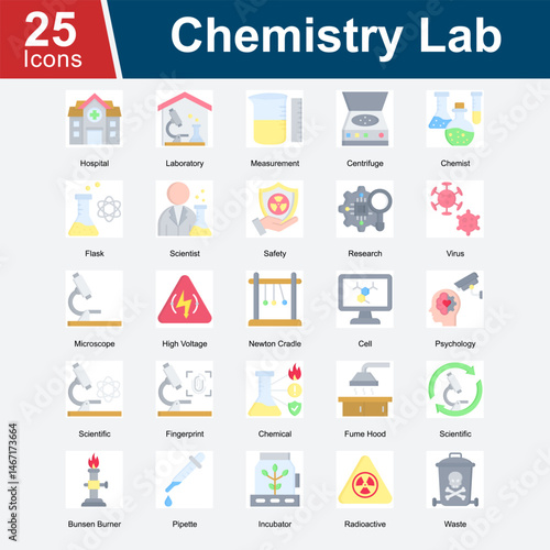 Chemistry Lab is a collection of icons representing laboratory equipment, chemical research, safety protocols, and scientific procedures used in analyzing chemicals, biology, and medical experiments.