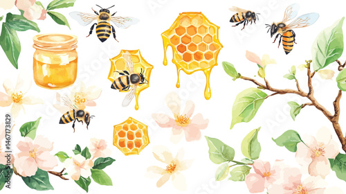 Beehive Bounty: A watercolor illustration showcases a charming collection of bees, honeycombs, honey jars, and blooming flowers, depicting the sweetness of nature.