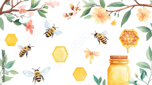 Buzzing with Nature's Sweetness: A whimsical illustration of honeybees amidst floral and honeycomb elements, depicting the essence of spring's bounty and the sweet rewards of labor.