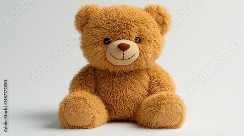 Plush bear sits against a white backdrop, looking ahead