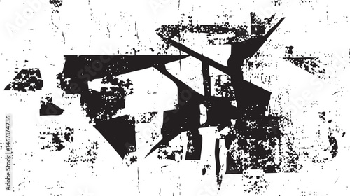 A fragmented abstract shape dominates a stark white background.
