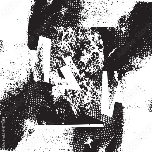 A fragmented textured black and white displays overlapping geometric shapes.