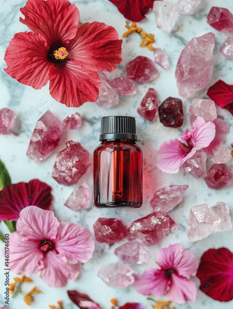 Hibiscus Oil with Petals and Crystals on a Marble Surface Hibiscus Oil with Petals and Crystals on a Marble Surface