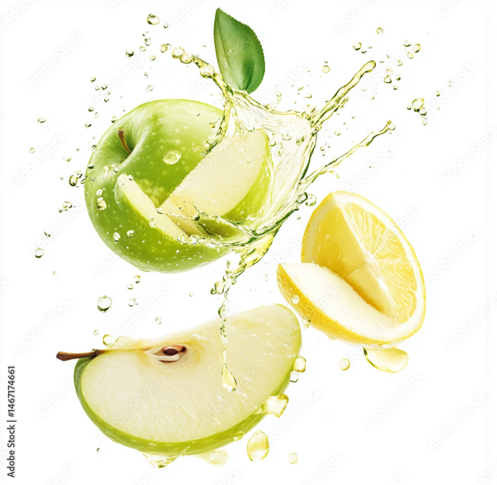 green apple slices and lemon slices with a juice splash, white background