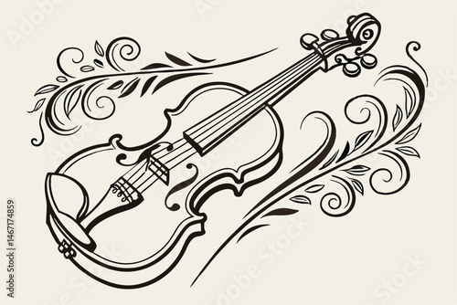131 Violin illustration, black and white, detailed engraving style, ornate scroll work, musical instrument, classical music, elegant design, high contrast, side view, decorative flourishes, string ins