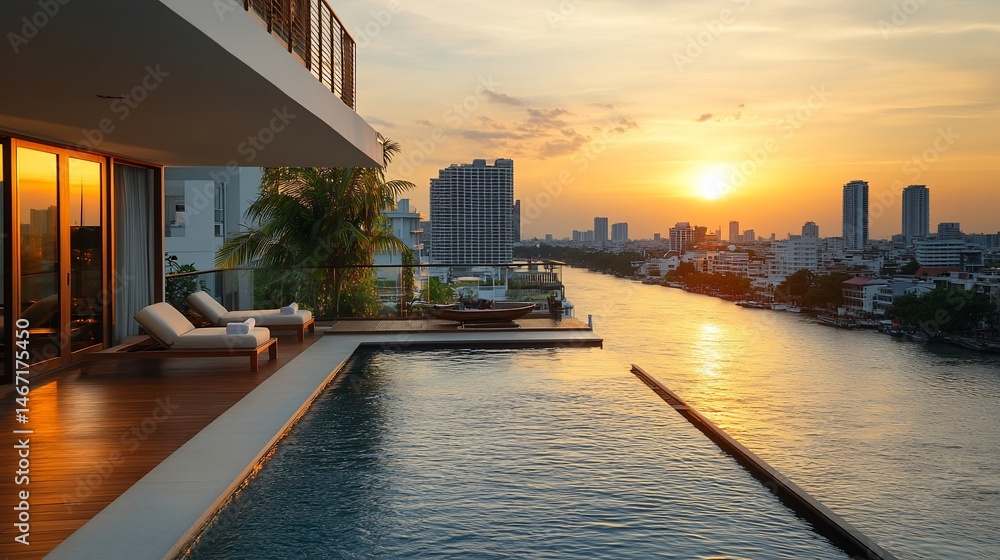 Obraz premium Luxurious rooftop pool overlooking a city skyline at sunset