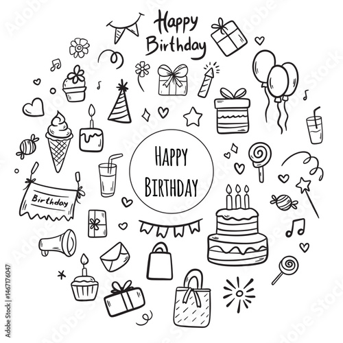 Set of Happy Birthday doodles. Sketch of Party decoration, gift box, cake, party hats. Hand drawn