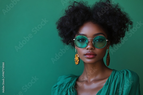 Wallpaper Mural Fashionable Woman with Curly Hair and Green Sunglasses on Bright Green Background Torontodigital.ca