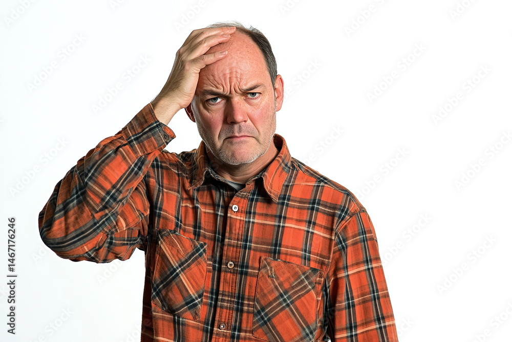 Obraz premium Frustrated Middle Aged Man in Plaid Shirt Looking Confused with Hand on Head