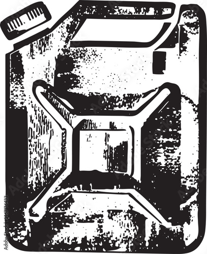 A weathered metal gas can rests on a concrete surface.