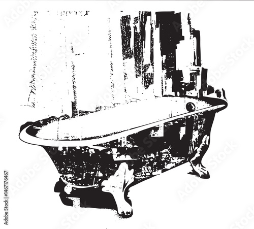 A vintage cast iron bathtub sits in a dimly lit interior space.