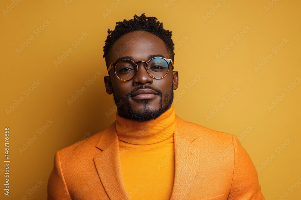 Fototapeta premium Confident Man in Stylish Orange Suit with Turtleneck on Bright Yellow Background