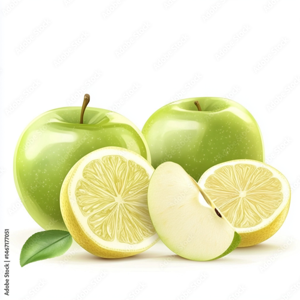 green apple slices and lemon slices with a juice splash, white background