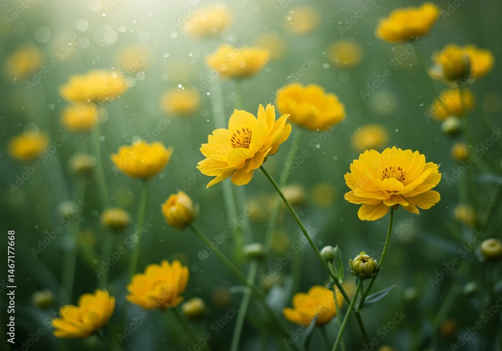 Obraz premium Champ fleuri jaune soleil matinal