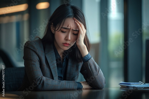Stressed Businesswoman in Office with Head in Hands and Thoughtful Expression