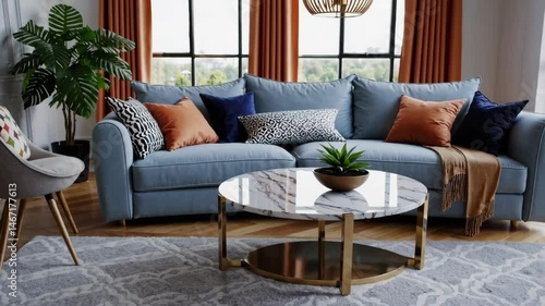 Modern living room with cozy blue sofa and elegant decor in sunlit apartment