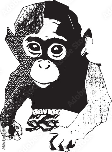 A young primate peers intently from within a fractured geometric shape.