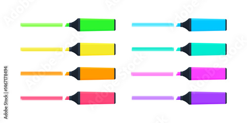 Set of flat tip highlighter pens and strokes in green, yellow, orange, red, blue, cyan, pink, and purple. Stationery, school and office supply. Illustration isolated on white background